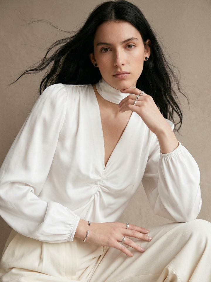 White Plunge Neck Relaxed Peplum Top