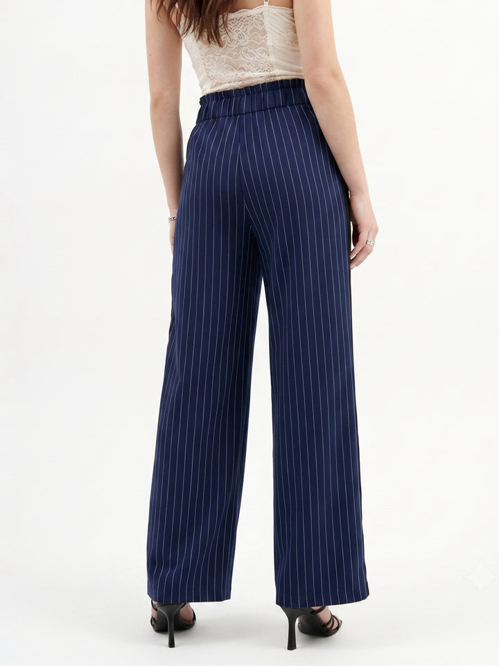 Blue Wide Leg Pleated Trouser With Belt Detail