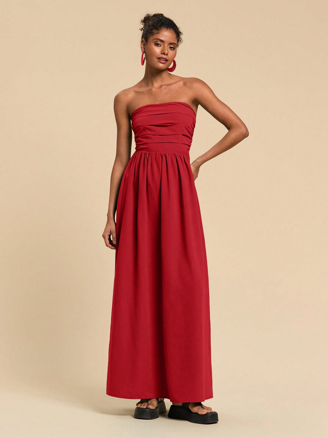 Red Tube Solid Maxi Ruched Dress