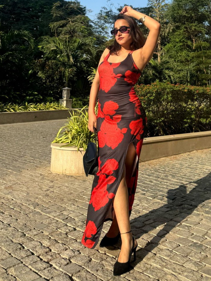 Red & Black Floral Maxi Dress