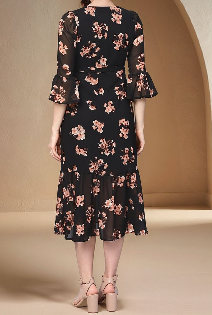 Black Bishop Sleeve Printed V Neck Dress