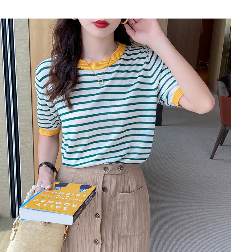 Blue Contrast Hem Striped Top