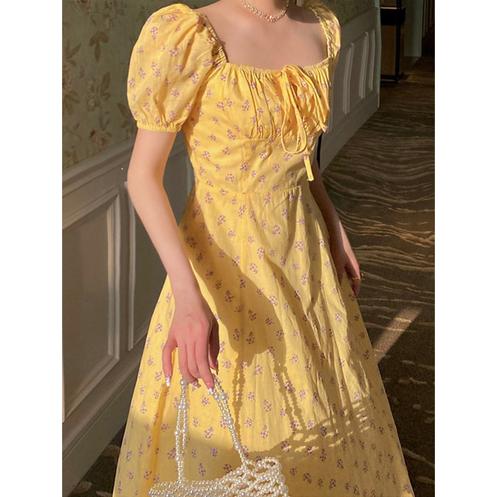 Yellow Square Neck Midi Dress With Puff Sleeve