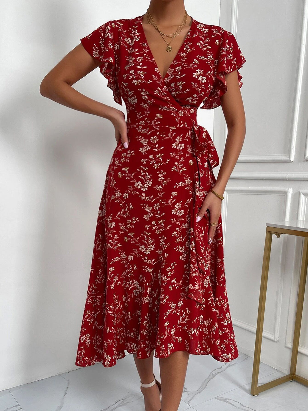 Red V-Neck Wrap Dress