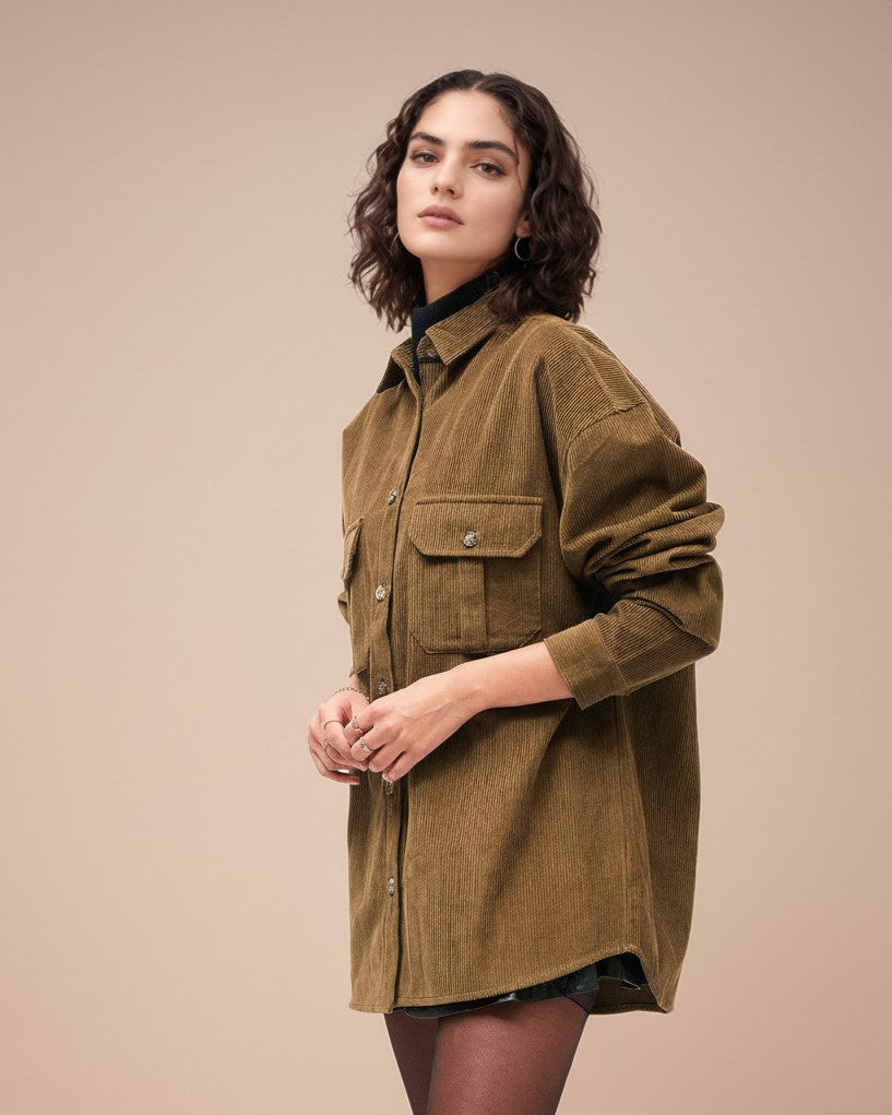 Brown Full Sleeve Double Pockets Corduroy Shirt