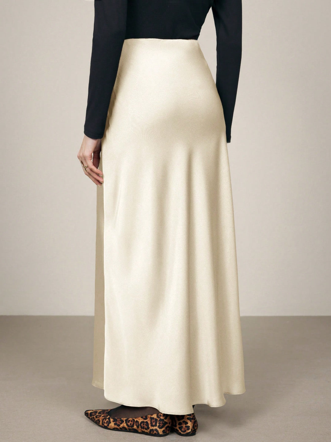 Beige Satin Flowy Evening Skirt