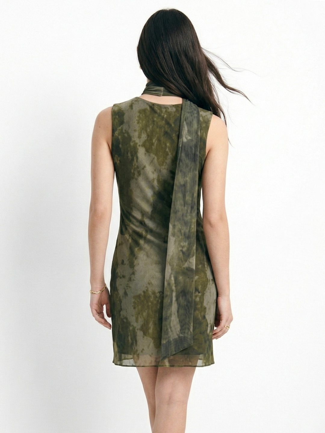 Olive Printed Mini Scarf Dress With Twisted Neckline