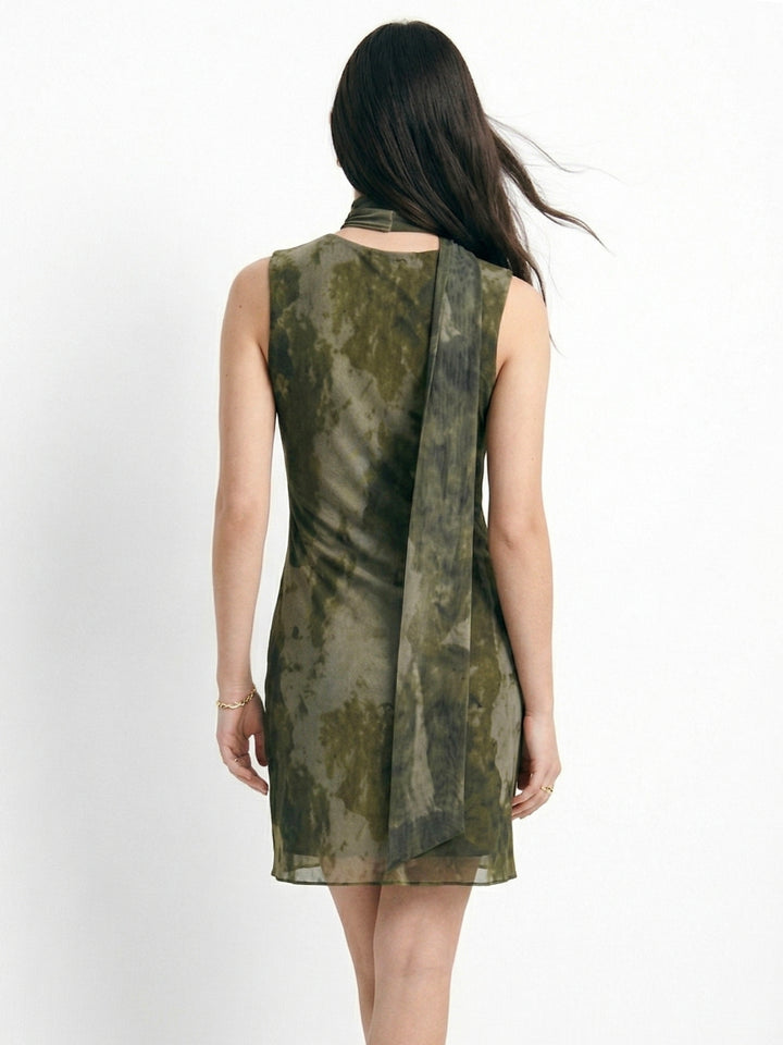 Olive Printed Mini Scarf Dress With Twisted Neckline