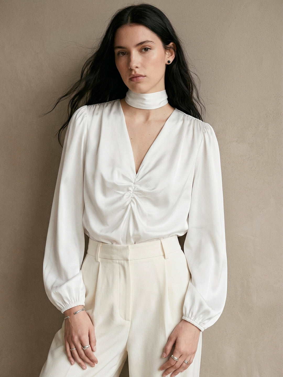 White Plunge Neck Relaxed Peplum Top