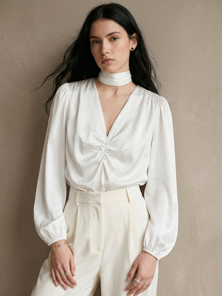 White Plunge Neck Relaxed Peplum Top