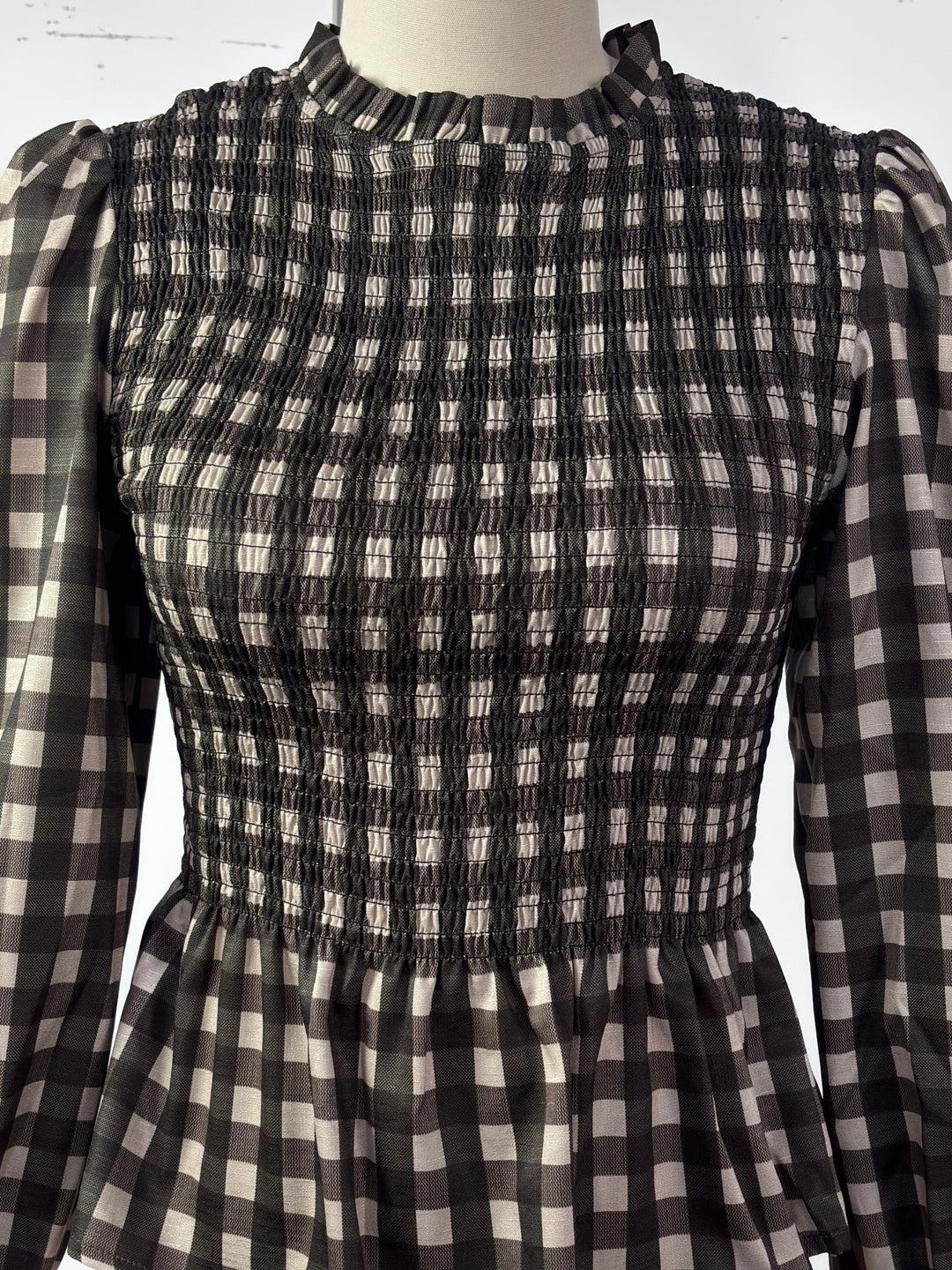 Black Smocked Bodice Checkered Top
