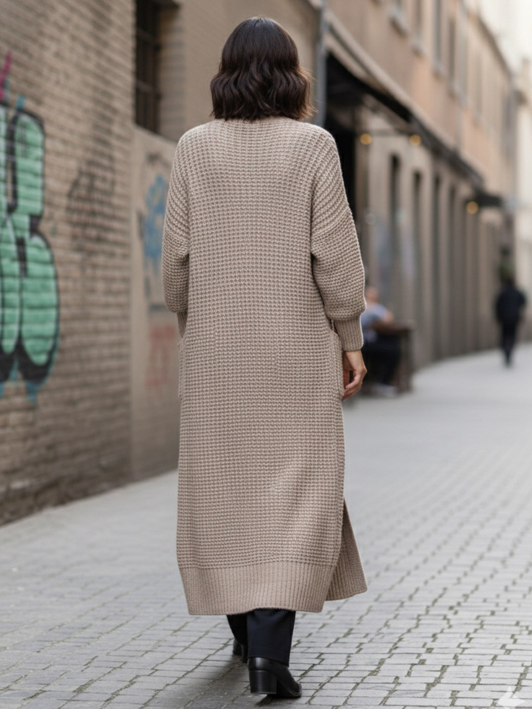 Beige Full Sleeves Solid Long Cardigan