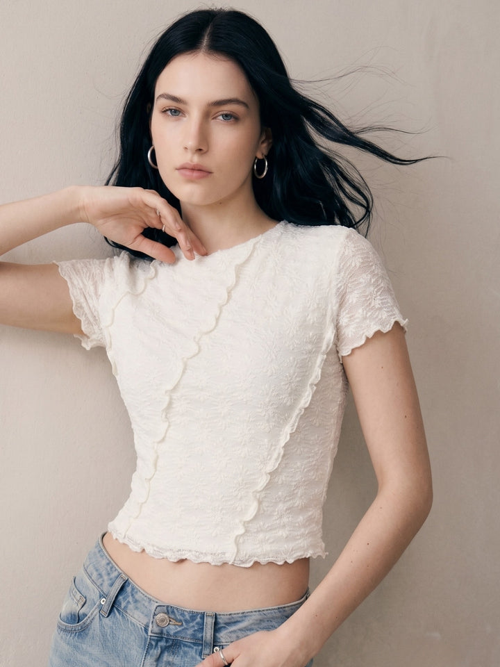 White Textured High Neck Top With Lettuce Hem