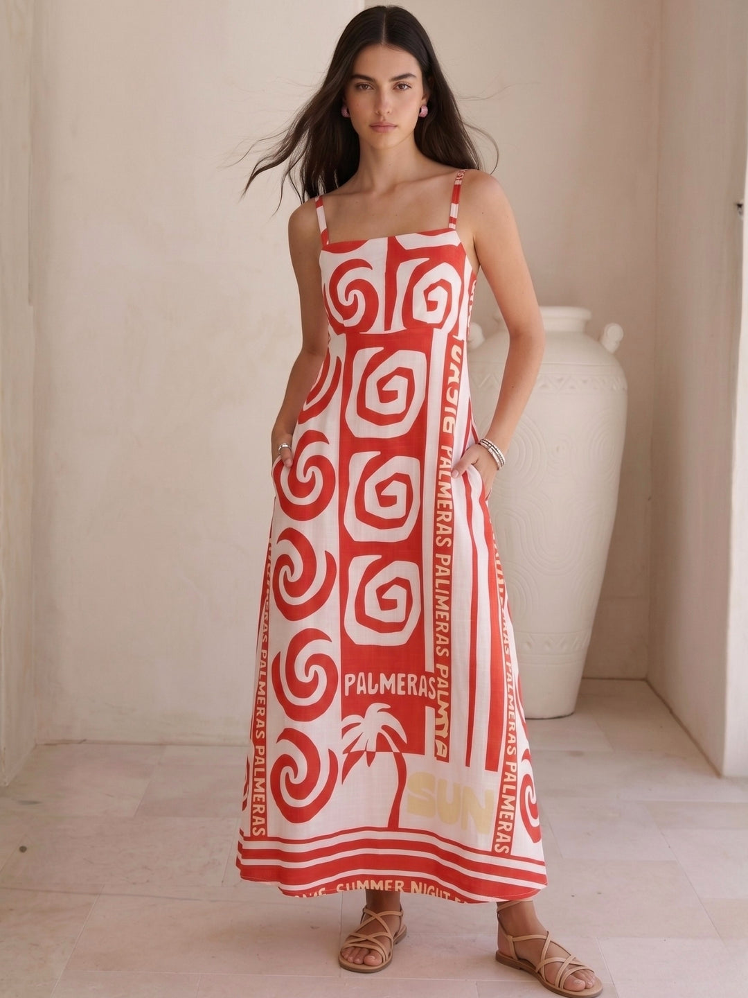 Red Spaghetti Strap Printed Dress