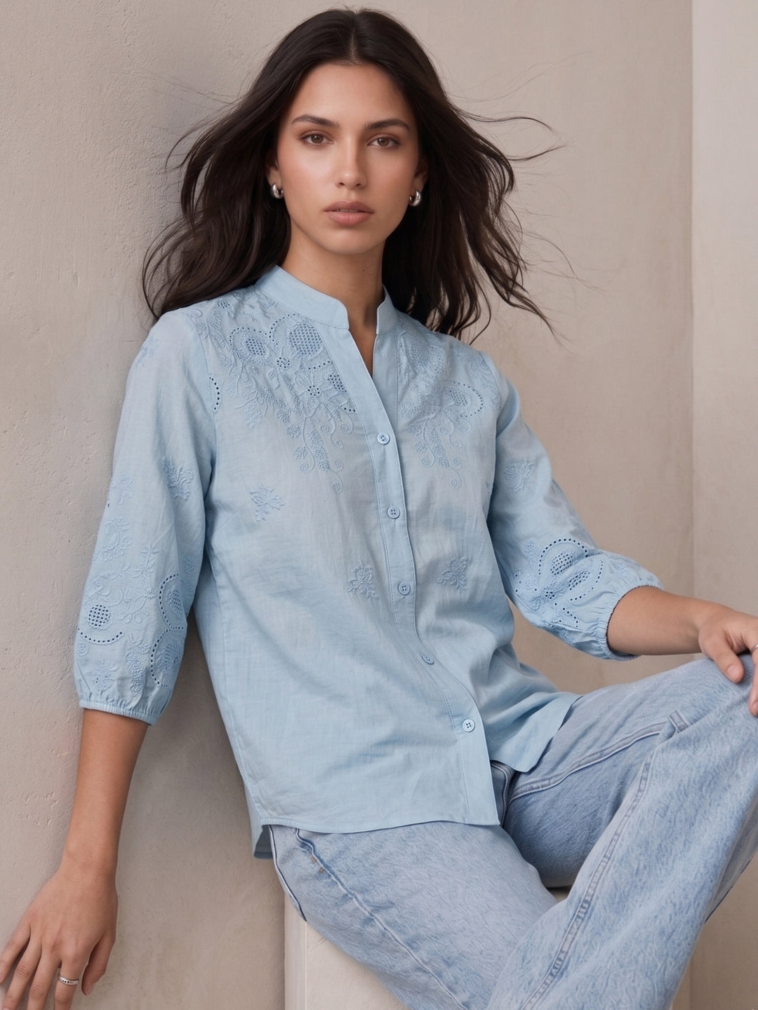 Light Blue Bishop Sleeve Front Buttoned Top