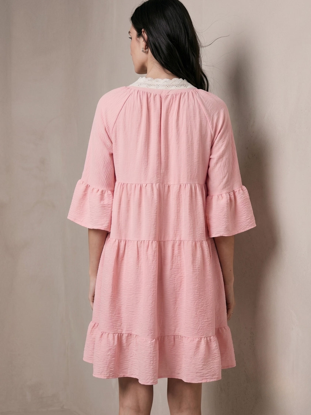 Pink Mini Tiered Dress With Lace Inserts At Neck