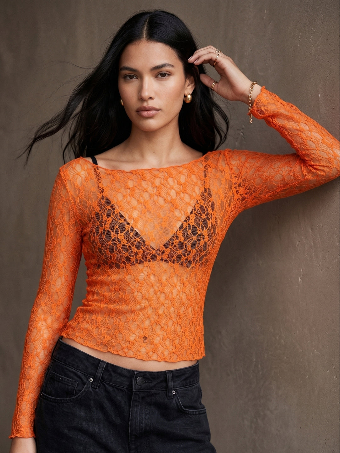 Orange Textured Mesh Sheer Top