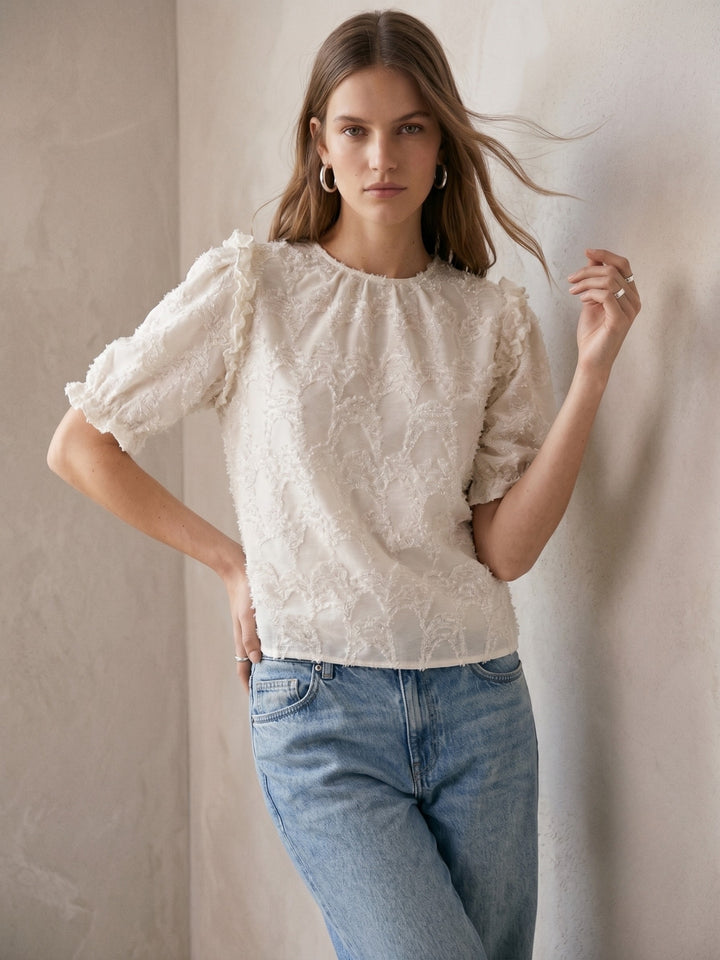 Off White Puff Sleeve Burn-Out Fabric Top