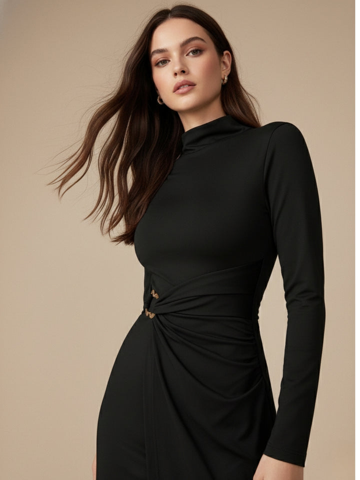 Black High Neck Fitted Midi With Buckle Trim Detail