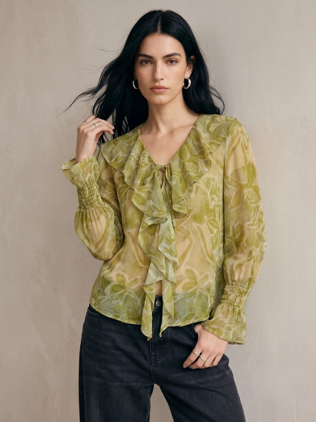 Green V Neck Printed Neck Tie Up Ruffled Blouse