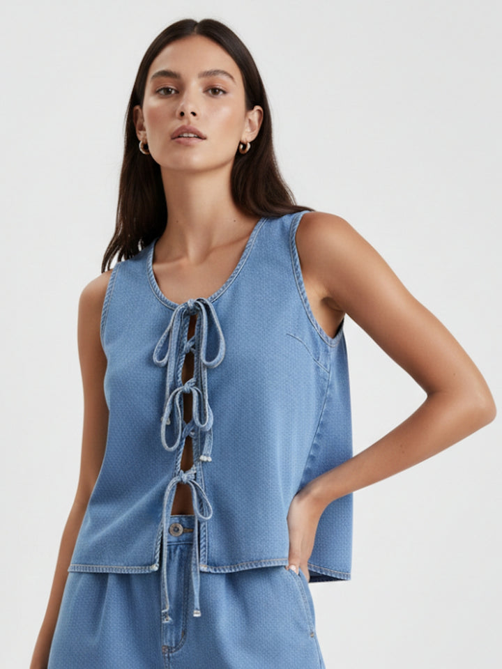Light Blue Bow Tie-Up Denim Vest