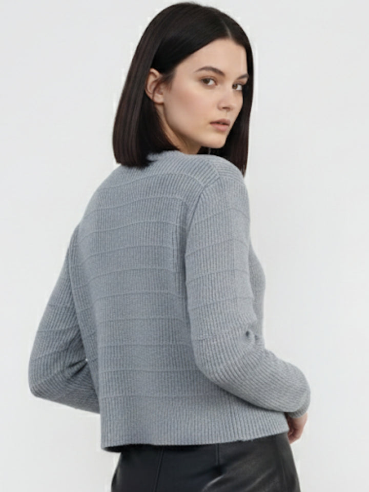 Grey Full Sleeve Textured Front Button Cardigan