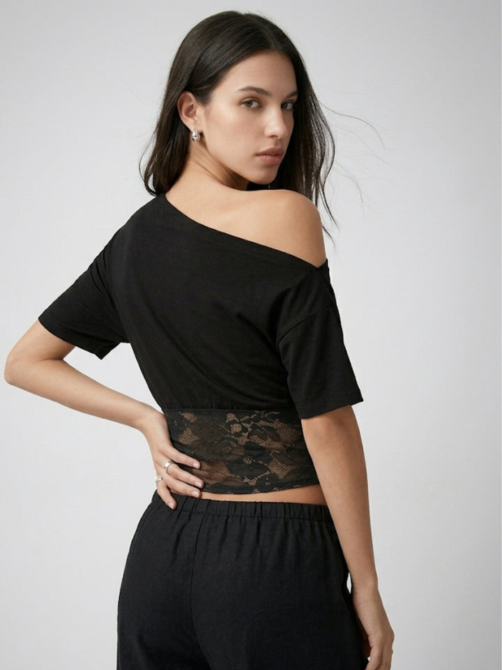 Black Twofer Style Off-Shoulder Top With Lace