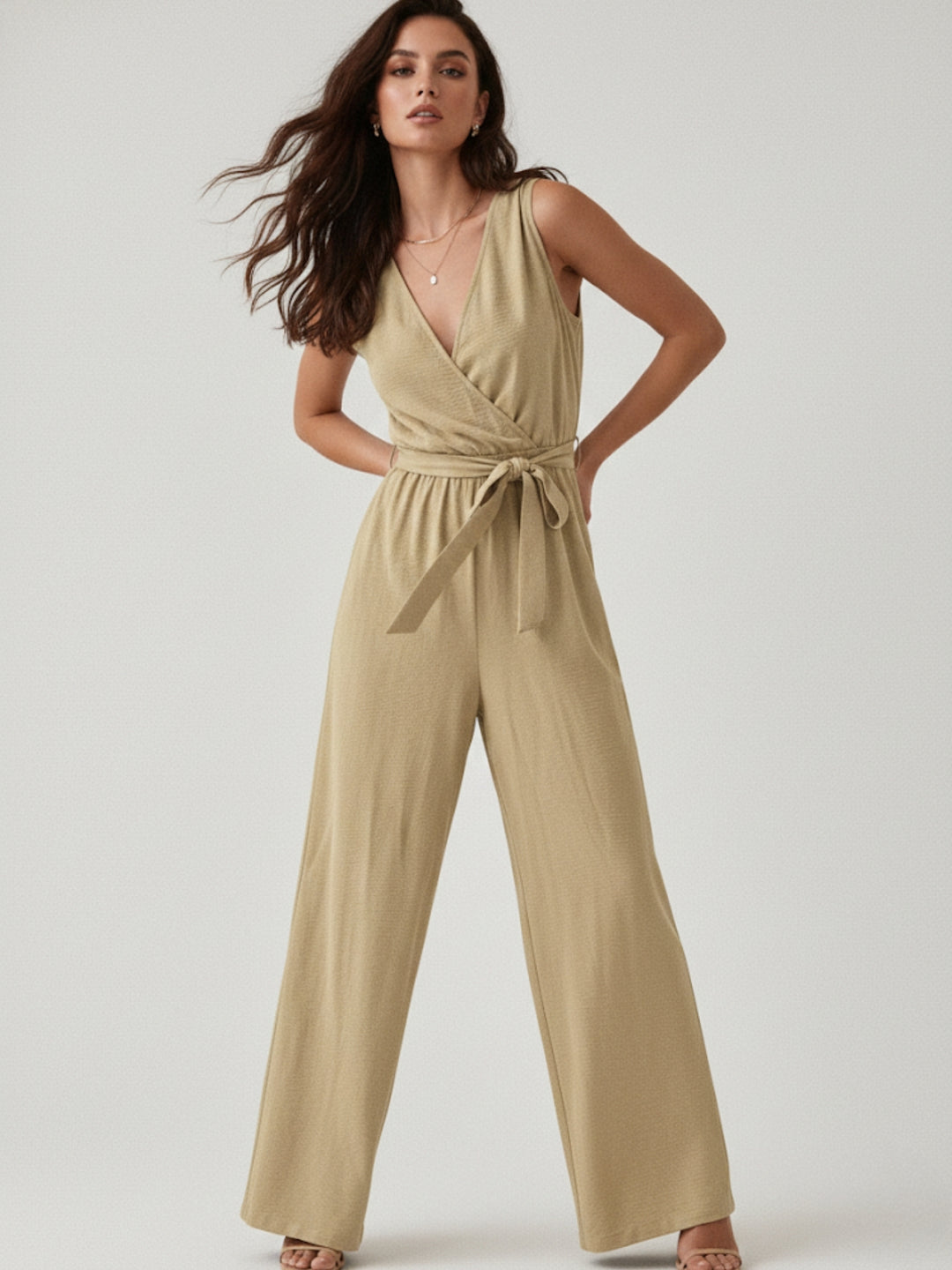 Beige Sleeveless Jumpsuit With Tie Up