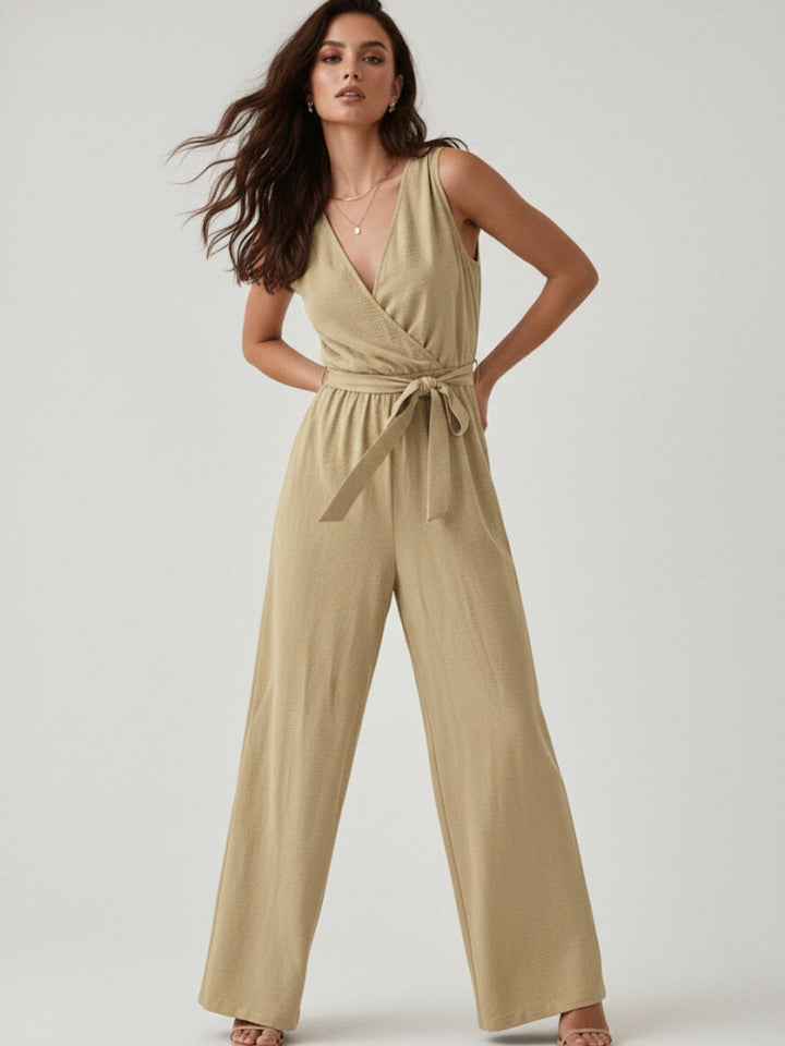 Beige Sleeveless Jumpsuit With Tie Up