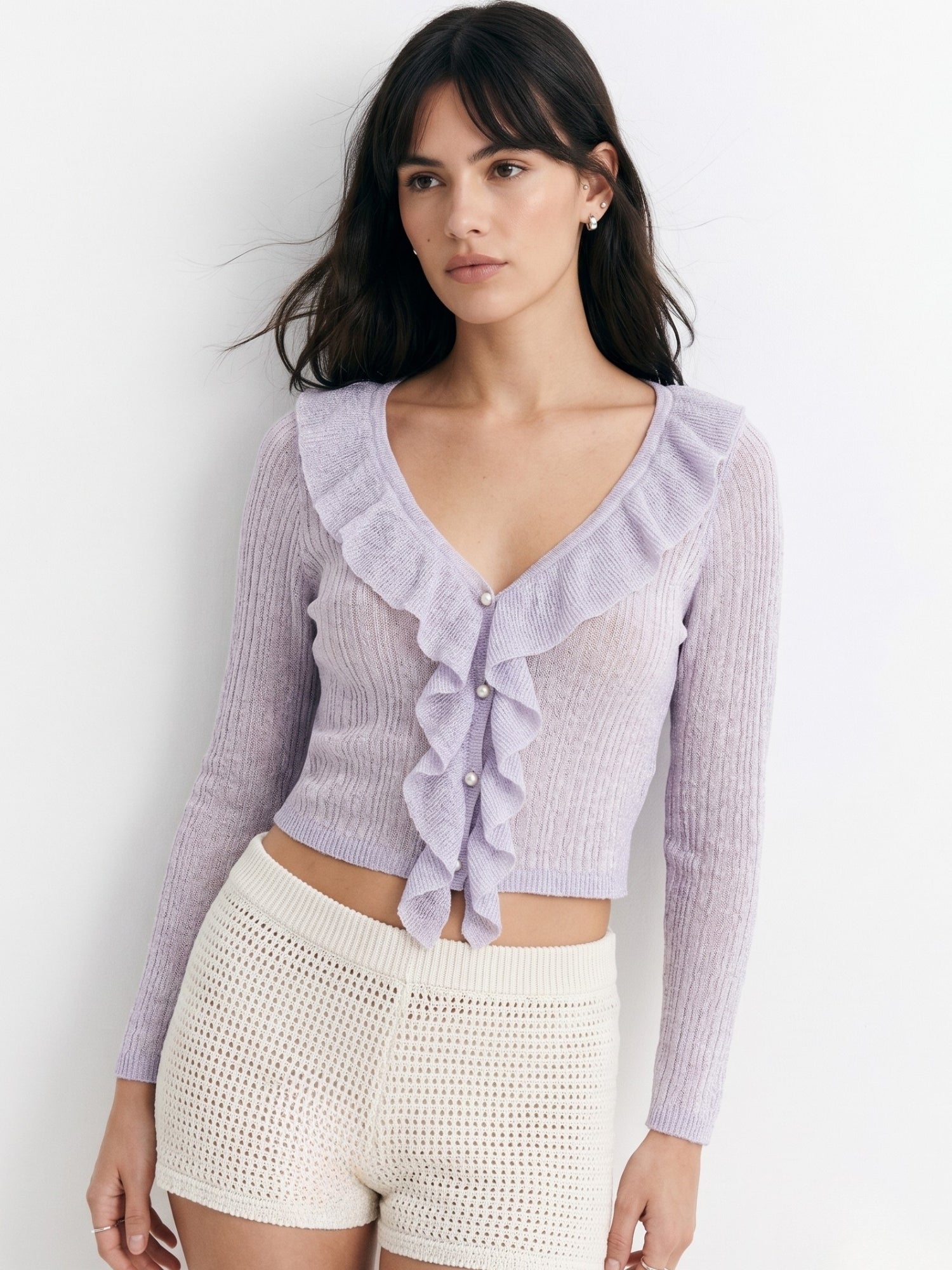 Lavender Full Sleeve Ruffle Neckline Textured Top