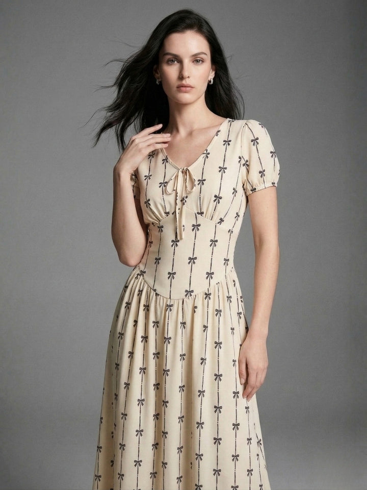 Cream Short Sleeve V Neck Corset Dress