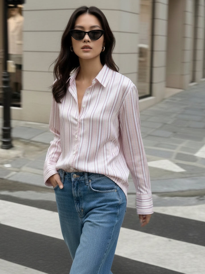 Pink Full Sleeve Fitted Striped Shirt