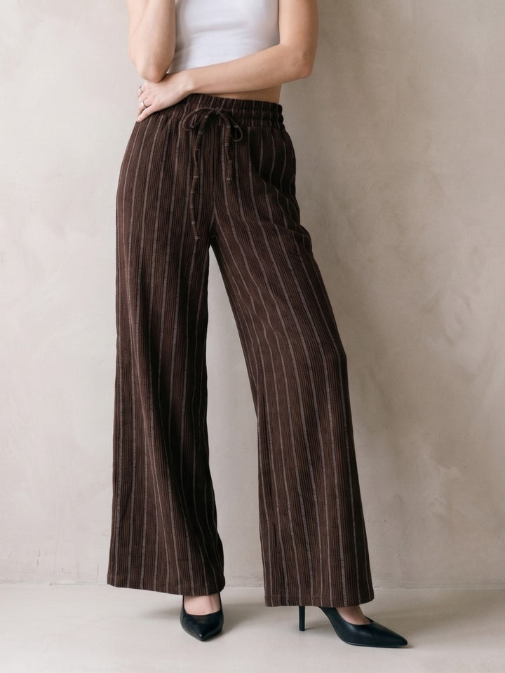 Brown High Waisted Elasticated Waistband Stripped Trousers