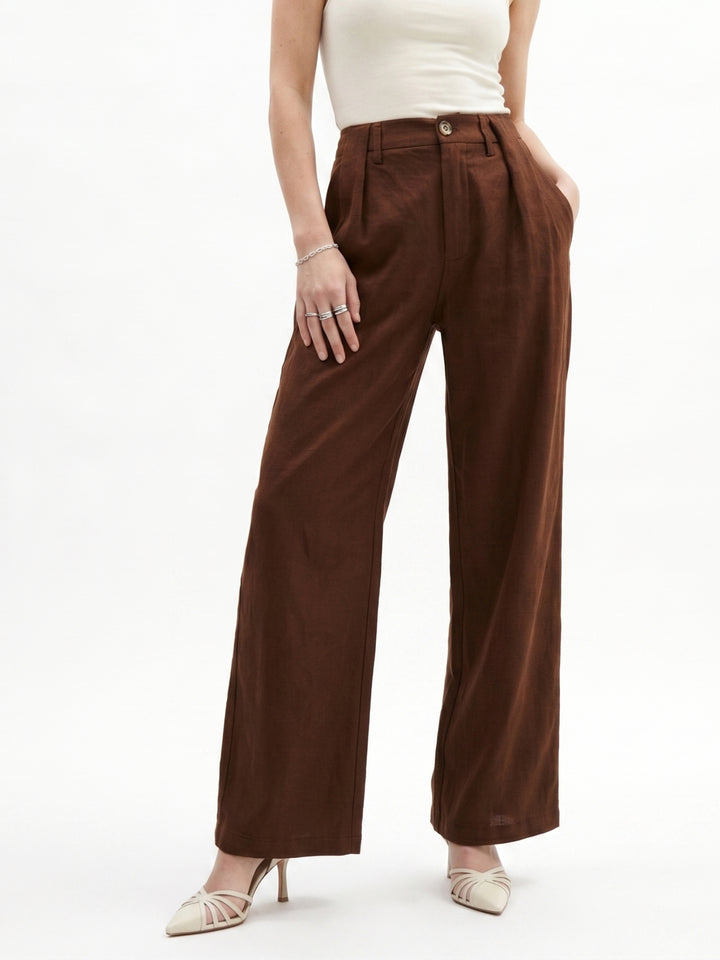 Brown Pleated High Waist Trouser With Belt Detail