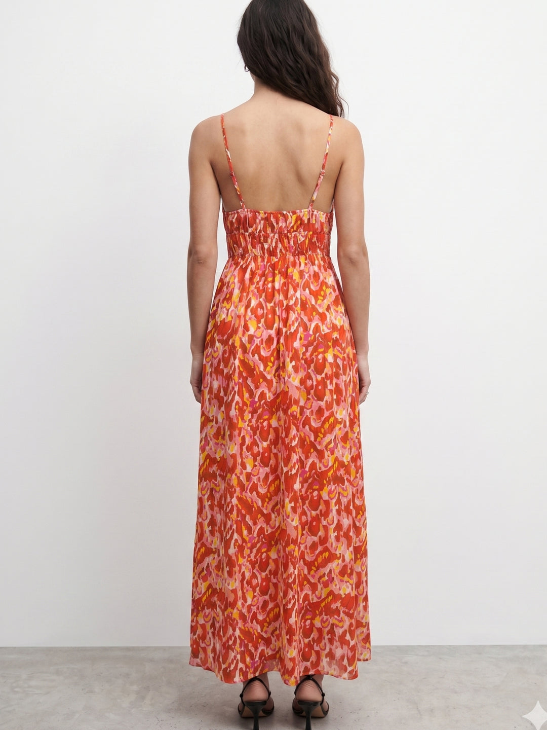 Orange Spaghetti Strap Printed Dress