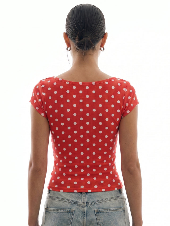 Red Scoop Neck Polka Dotted Top