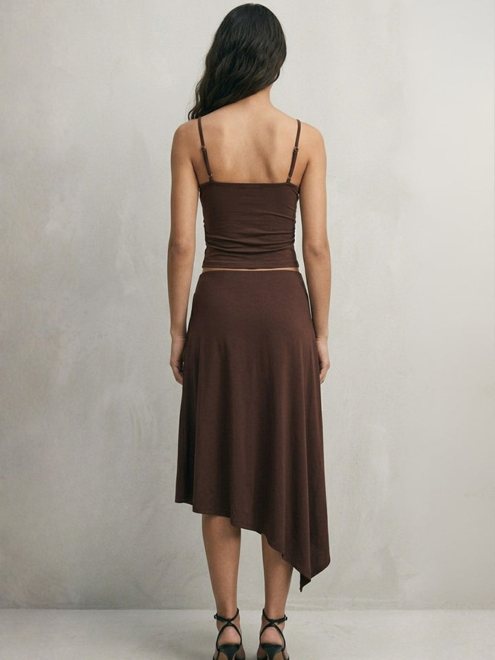 Brown Fitted Top And Asymmetrical Hem Skirt