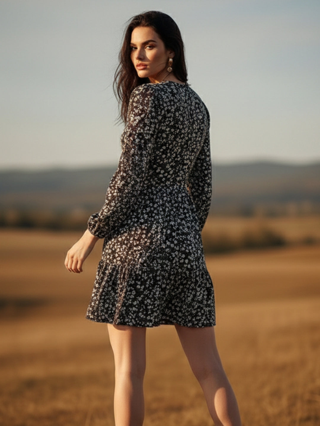 Black Printed Lace Detail Dress