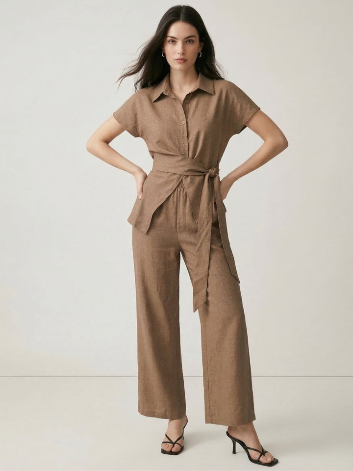 Brown Textured Shirt And Trousers Co-Ord Set