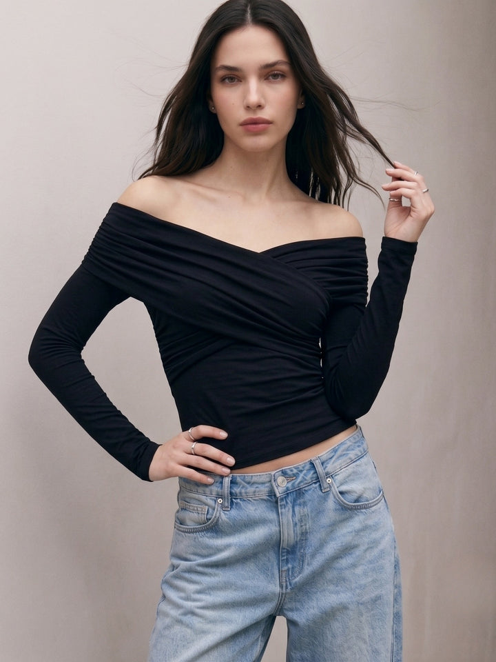 Black Cross Front Off Shoulder Fitted Top