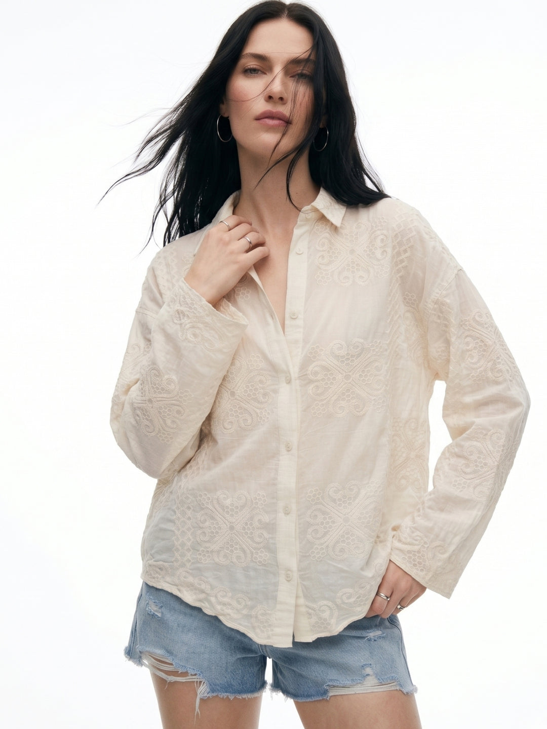 White Full Sleeve Scallop Hem Collared Semi Sheer Embroidered Shirts