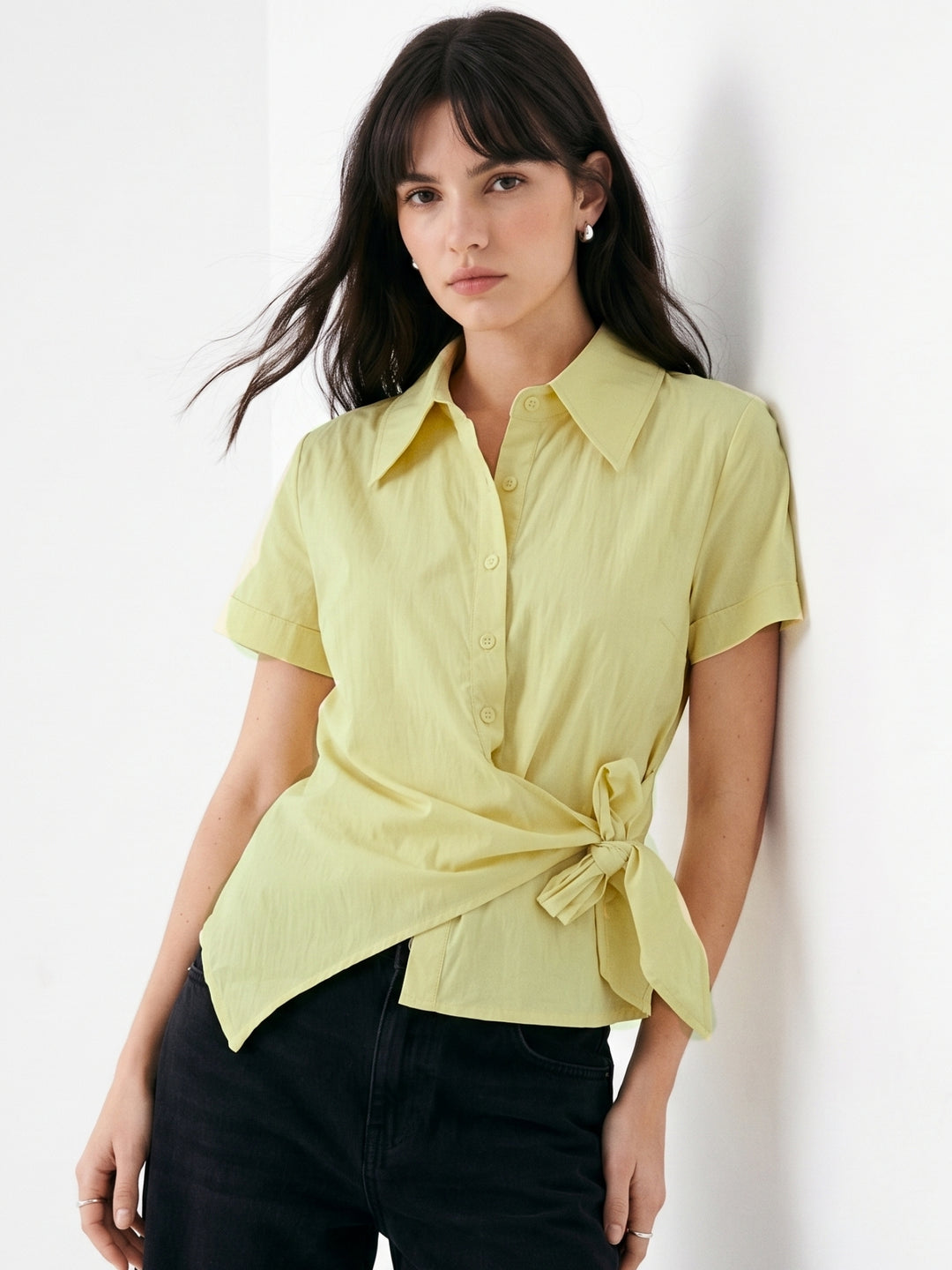 Yellow Button Down Relaxed Shirt With Side Tie Up Detail
