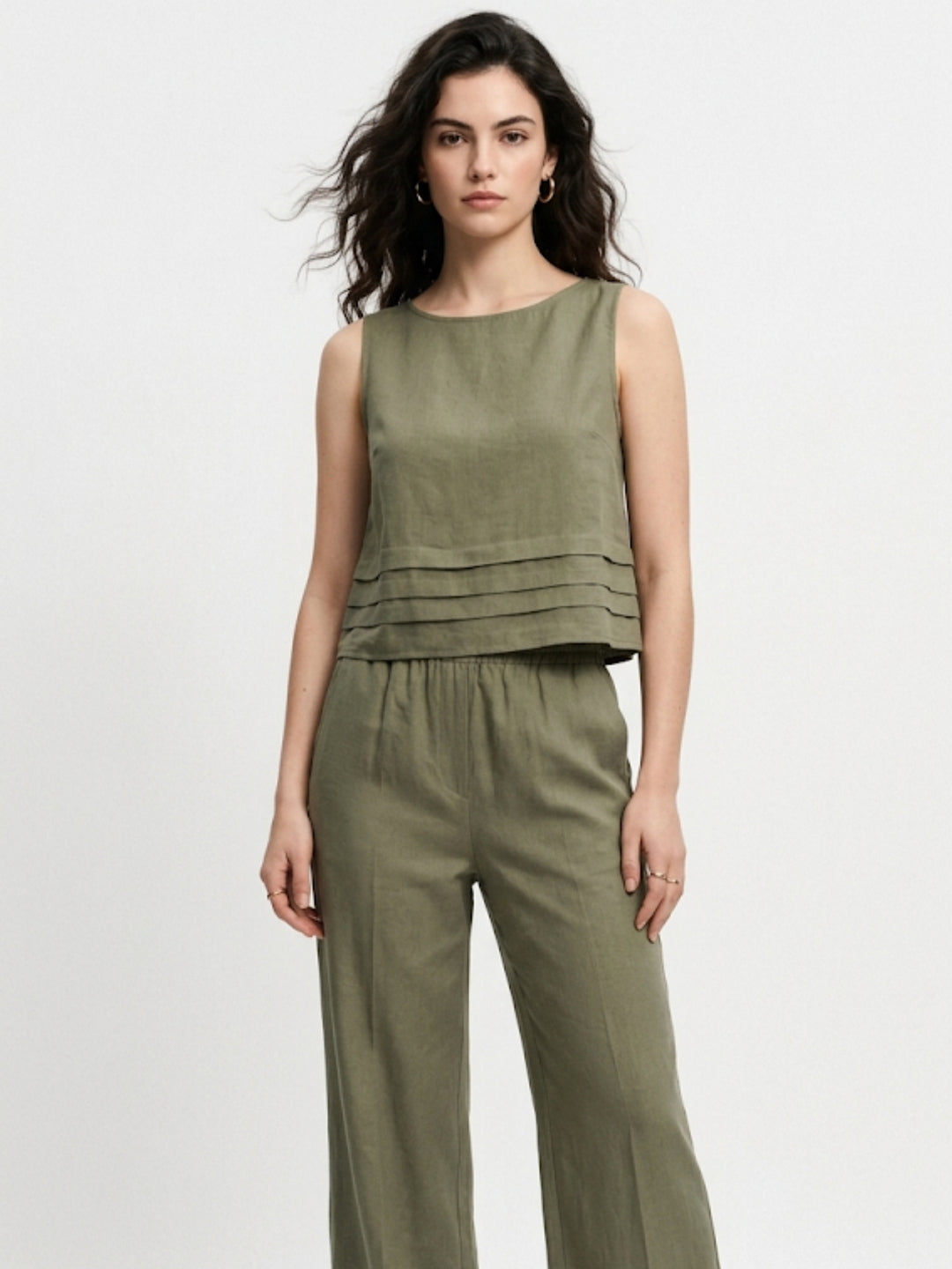 Olive Sleeveless Relaxed Top And Trousers Co-Ord Set