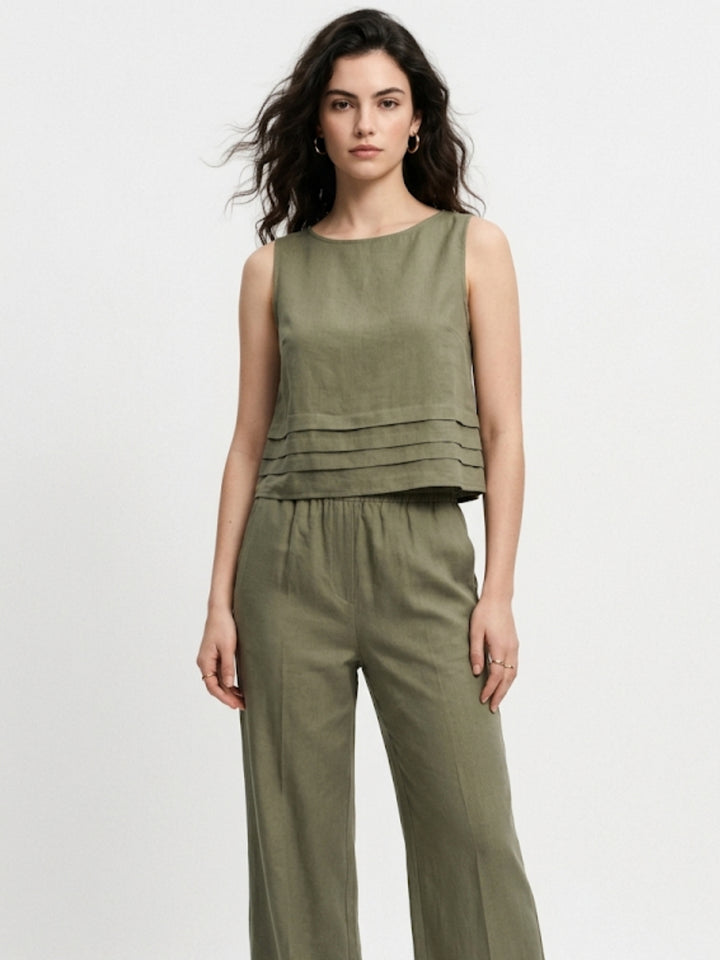 Olive Sleeveless Relaxed Top And Trousers Co-Ord Set