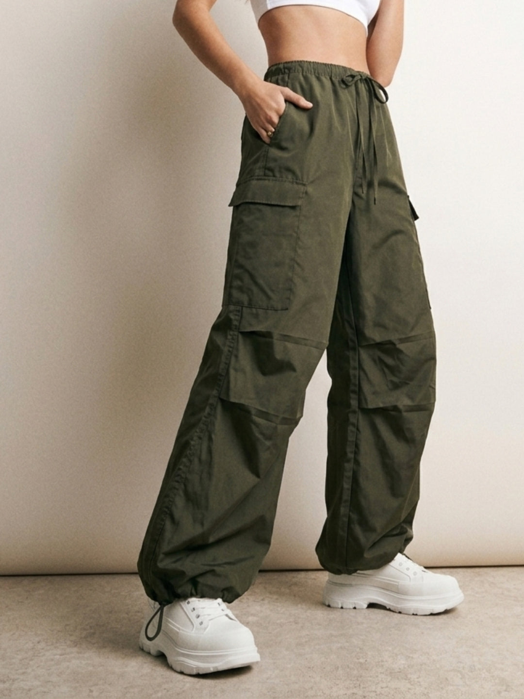 Olive Cargo Styled Parachute Pants