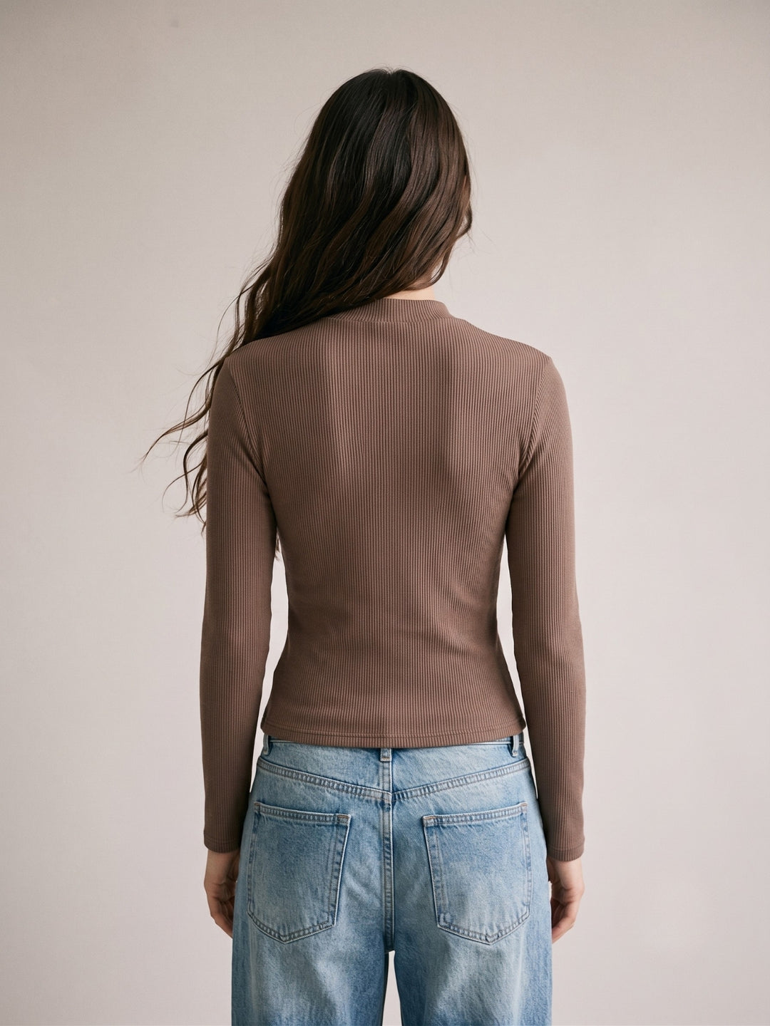 Brown Mandarin Collared Metal Trim Detail Top