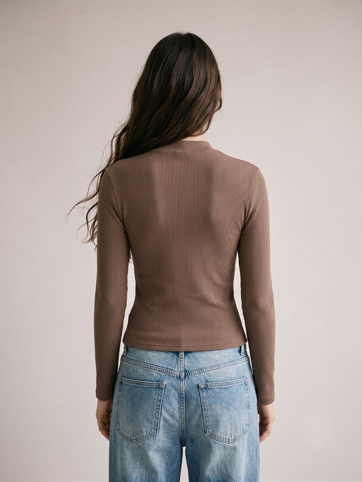 Brown Mandarin Collared Metal Trim Detail Top