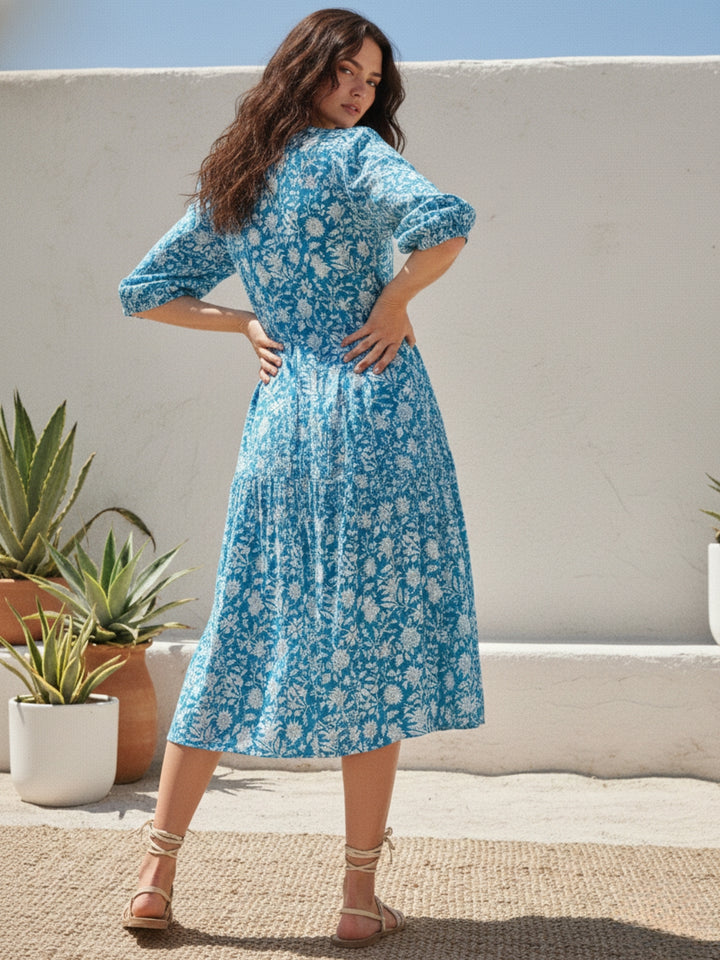 Blue Balloon Sleeve Printed Dress