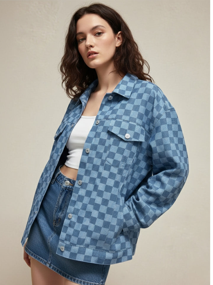 Blue Tonal Checkered Oversized Jacket
