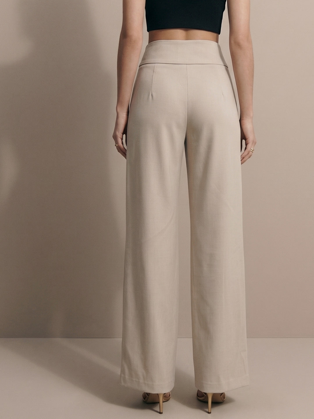 Cream Criss Cross Waist Band Trousers With Metal Buckle Detail